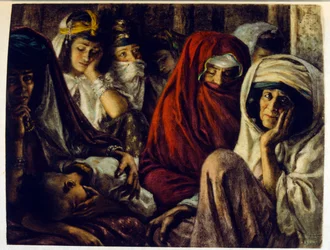 Illustration av Dinet ur "Mirages" Scener ur det arabiska livet. 1906. Mirages, Scenes De La Vie Arab illustrerades av Etienne Dinet och kommenterades av Silman Ben Ibrahim Bamer. Nasreddine Dinet föddes som Alphonse-Etienne Dinet; (1861-1929) var en frans