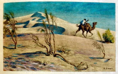 Illustration av Dinet ur "Mirages" Scener ur det arabiska livet. 1906. Mirages, Scenes De La Vie Arab illustrerades av Etienne Dinet och kommenterades av Silman Ben Ibrahim Bamer. Nasreddine Dinet föddes som Alphonse-Etienne Dinet; (1861-1929) var en frans