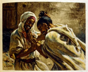 Illustration av Dinet ur "Mirages" Scener ur det arabiska livet. 1906. Mirages, Scenes De La Vie Arab illustrerades av Etienne Dinet och kommenterades av Silman Ben Ibrahim Bamer. Nasreddine Dinet föddes som Alphonse-Etienne Dinet; (1861-1929) var en frans