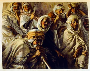 Illustration av Dinet ur "Mirages" Scener ur det arabiska livet. 1906. Mirages, Scenes De La Vie Arab illustrerades av Etienne Dinet och kommenterades av Silman Ben Ibrahim Bamer. Nasreddine Dinet föddes som Alphonse-Etienne Dinet; (1861-1929) var en frans