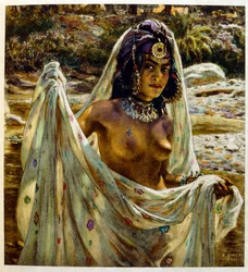 Illustration av Dinet ur "Mirages" Scener ur det arabiska livet. 1906. Mirages, Scenes De La Vie Arab illustrerades av Etienne Dinet och kommenterades av Silman Ben Ibrahim Bamer. Nasreddine Dinet föddes som Alphonse-Etienne Dinet; (1861-1929) var en frans