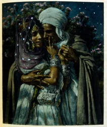Illustration av Dinet ur "Mirages" Scener ur det arabiska livet. 1906. Mirages, Scenes De La Vie Arab illustrerades av Etienne Dinet och kommenterades av Silman Ben Ibrahim Bamer. Nasreddine Dinet föddes som Alphonse-Etienne Dinet; (1861-1929) var en frans