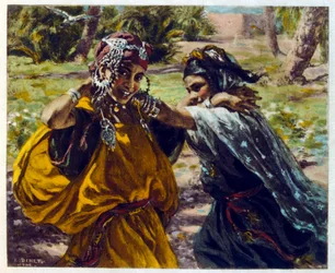 Illustration av Dinet från "Mirages" Scener av det arabiska livet. 1906. Mirages, Scénes De La Vie Arab illustrerades av Etienne Dinet med kommentarer av Silman Ben Ibrahim Bamer. Nasreddine Dinet föddes som Alphonse-Étienne Dinet; (1861-1929) var en frans