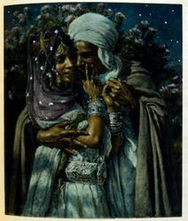 Illustration av Dinet från "Mirages" Scener av det arabiska livet. 1906. Mirages, Scénes De La Vie Arab illustrerades av Etienne Dinet med kommentarer av Silman Ben Ibrahim Bamer. Nasreddine Dinet föddes som Alphonse-Étienne Dinet; (1861-1929) var en frans