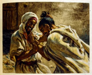 Illustration av Dinet från "Mirages" Scener av det arabiska livet. 1906. Mirages, Scénes De La Vie Arab illustrerades av Etienne Dinet med kommentarer av Silman Ben Ibrahim Bamer. Nasreddine Dinet föddes som Alphonse-Étienne Dinet; (1861-1929) var en frans