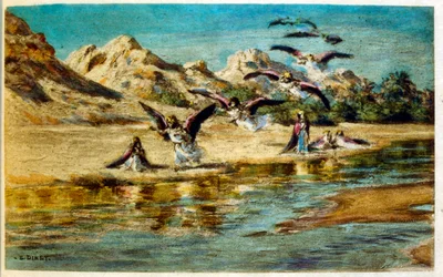 Illustration av Dinet från "Mirages" Scener av det arabiska livet. 1906. Mirages, Scénes De La Vie Arab illustrerades av Etienne Dinet med kommentarer av Silman Ben Ibrahim Bamer. Nasreddine Dinet föddes som Alphonse-Étienne Dinet; (1861-1929) var en frans