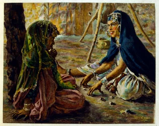 Illustration av Dinet från "Mirages" Scener av det arabiska livet. 1906. Mirages, Scénes De La Vie Arab illustrerades av Etienne Dinet med kommentarer av Silman Ben Ibrahim Bamer. Nasreddine Dinet föddes som Alphonse-Étienne Dinet; (1861-1929) var en frans