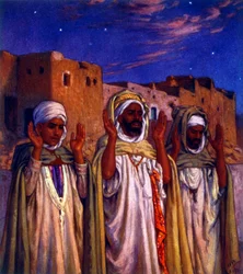 Illustration som visar muslimska arabiska pilgrimer på väg till Mecka. av Nasreddine Dinet (Alphonse-Étienne Dinet). 1861 1929