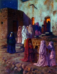Illustration som visar muslimska arabiska kvinnor som firar "Mawlid" (profetens födelse). firandet av den islamiske profeten Muhammeds födelsedag. Av Nasreddine Dinet (Alphonse-Étienne Dinet). 1861 1929. en fransk orientalistisk målare. 1918.