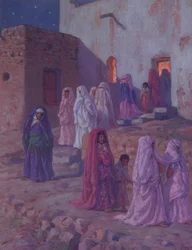 Muslimer som lämnar byns moské på mouledagen, illustration från en historik över profeten Muhammeds liv, publicerad i Paris 1918.
