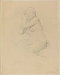 Naken kvinna sitter.