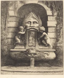 Fountain: Grotesque, Children and Basin Une fountaine: Masque, enfants et bassin.