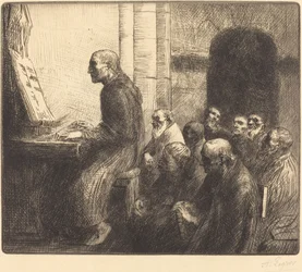 Munk som spelar orgel i kyrkan.
