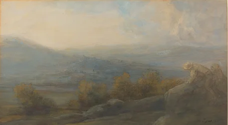 Bergslandskap med två figurer till höger, 1905.