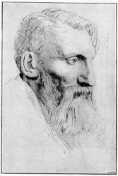 Porträtt av den franske skulptören Auguste Rodin (1840 - 1917) efter ett starkt vatten av Legros.