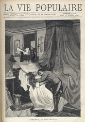En desperat soldat kramade om en kvinnas lik som låg i en säng. Illustration av Alfons Maria Mucha (Alphonse Marie Mucha