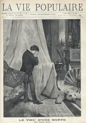 En man eplorer, gömmer sina tårar och ansiktet i en näsduk, stående bakom sänghimmeln, i ett rikt dekorerat sovrum, med björnskinn, broderade kuddar, fläkt och olika vaser och ljusstakar. Illustration av Alfons Maria Mucha (Alphonse Mar