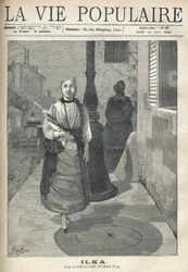 En enkel och förnäm ung kvinna med flätat hår och ett paraply går självsäkert på gatan. Bakom henne fortsätter en svartklädd kvinna och en bärare som bär tunnor sin väg. Illustration av Alfons Maria Mucha (Alphonse Mucha)