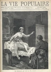 En mager gammal man med ett emacie ansikte stretchar, hans kostym, hans skor och en karnevalsmask släpar nära hans blöja (en lakanjete på en soffa), i "La Vie Populaire"