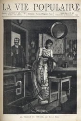 En elegant kvinna vaxar en sko i köket i ett hus. En man öppnar dörren bakom henne. Illustration av Alfons Maria Mucha (Alphonse Marie Mucha