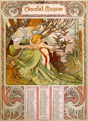 Chocolate Masson-kalender illustrerad av Mucha (1860 – 1939). en tjeckisk jugendmålare