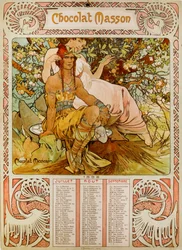 Chocolate Masson-kalender illustrerad av Mucha (1860 – 1939). en tjeckisk jugendmålare