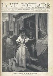 Farväl mellan en man och en kvinna som sätter sig på ett tåg på perrongen på en station. Illustration av Alfons Maria Mucha (Alphonse Marie Mucha