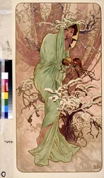 Winter (Serie av allegori om de fyra årstiderna). Konstverk av Alfons Maria Mucha (Alphonse Marie Mucha