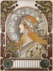 Zodiaken. 1896. (67 x 48 cm). Affisch och kalender som gör reklam för tidskriften "La Plume" ("Fjädern"). Art nouveau. Litografi