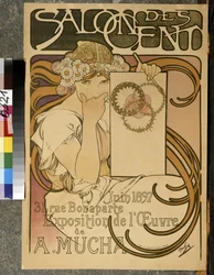 Affisch som annonserar utställningen av A. Mucha på Salon des Cent, 31 rue Bonaparte a Paris, juni 1897 (färg litho)