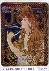 Affisch över pappersbruken Job i Toulouse gjord av målaren Mucha. 1897.