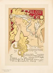 Reproduktion av en affisch som annonserar utställningen Salon des Cent i Hall de la Plume, 1896