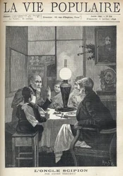 Scen för familjelivet: runt middagsbordet samlas en familj, upplyst av en oljelampa och lyssnar noga på en besökande farbror, med ljusa ögon och hand som markerar höjdpunkterna i hans berättelse. Illustration av Alfons Maria Mucha (Alphonse