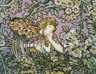 Kvinna bland blommor, ca 1900 (litografi på silkesammet)