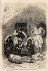 Bulgariska arbetare, nära Sophia, gravyr efter teckningen av A. De Neuville, illustrerande resan till Bulgarien, av Guillaume Lejean, 1867, publicerad i "" Le tour du monde"" 1873, redigerad av Edouard Charton, Hachette-upplagan, Paris . Selva samling