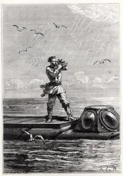 Kapten Nemo på toppen av Nautilus, från "20 000 mil under havet" av Jules Verne (1828-1905), graverad av Henri Theophile Hildibrand (1824-97).