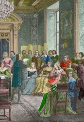 Corneille läser Polyeucte på Hotel de Rambouillet 1642 (Gravyr)