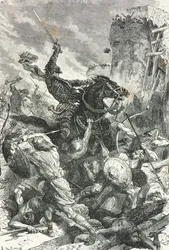 Greve Eudes försvarar Paris mot vikingainvasionen 885 (Gravyr)