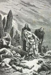 Edith med svanhals hittar kung Harolds kropp på slagfältet vid Hastings år 1066 (Gravyr)