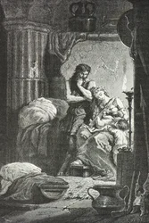 Eponine de Langres ammar Julius Sabinus barn i en grotta (Gravyr)