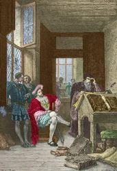 Francois 1er besöker Robert Estiennes tryckeri (Gravyr)