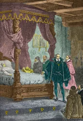 Gaspard de Coligny framför François 2:s dödsbädd år 1560 (Gravyr)
