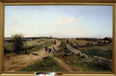 Fransk-preussiska kriget. (Scen från det fransk-preussiska kriget). Krigsscen mellan Preussen och det franska imperiet från 19 juli 1870 till 29 januari 1871. Målning av Alphonse Marie de Neuville (1835-1885). Olja på duk. Tulas nationalmuseum, Ryssland