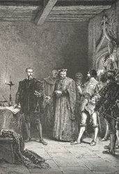 Jean de La Barre informerar Louis de Berquin om sin frigivning från conciergeriet (Gravyr)
