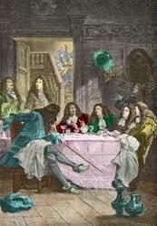 Jean de La Fontaine, Nicolas Boileau Despreaux, Moliere och Racine äter middag i en kabaret (Gravyr)