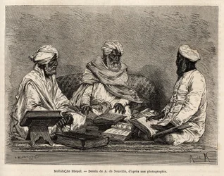Les mullahs de la moské de Bhopal, i fullständig diskussion om den muslimska religionens kontroversiella punkter, gravering efter teckningen av A. de Neuville, som illustrerar rajahernas resa i Indien, 1864-1868, av Louis Rousselet, publicerad i "" Le till