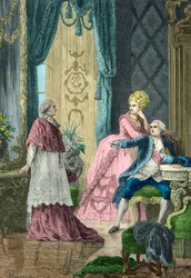 Marie Antoinette och Ludvig 16 frågar kardinal de Rohan om halsbandsaffären