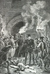 Massacre de la Saint Barthelemy, Duc de Guise knuffar Gaspard de Colignys lik med foten (Gravyr)