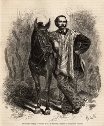 Porträtt av Dr. Saffray, armar på sitt fäste, i reseklänning, gravyr efter teckningen av A. de Neuville, illustrerande resan till Nya Granada, av Dr. Saffray, 1869, publicerad i "" Le tour du monde"" ” 1873, redigerad av Edouard Charton, Hachette editi