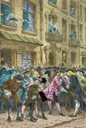 Rue Quincampoix, där spekulanter möts, cirka 1720 (Gravyr)